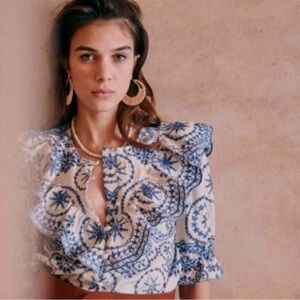 Sézane  South Biouse Womens Embroidered Linen-Cotton Blouse Size 44 Blue Floral